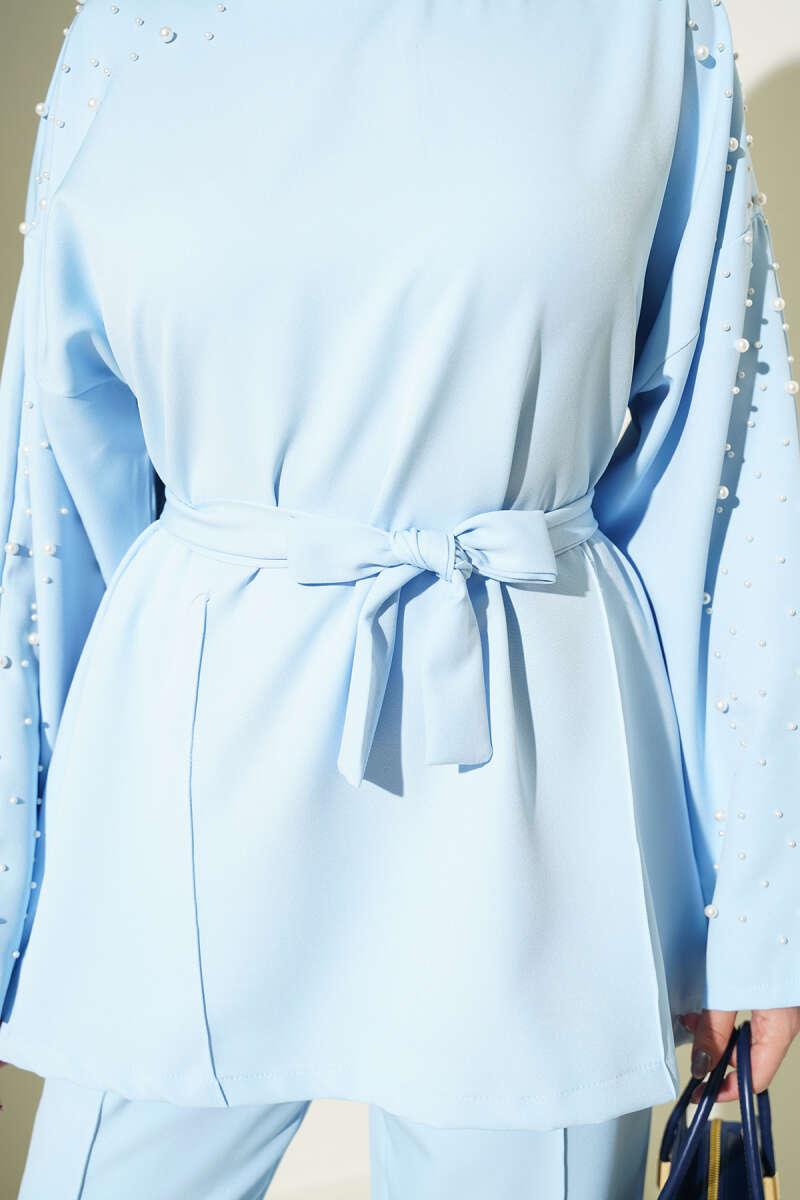 Belted Two-Piece Set with Pearl Detail - Blue
