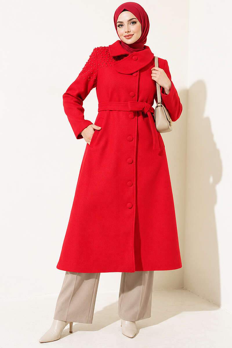 Belted Felt Coat with Pearl Detail - Red