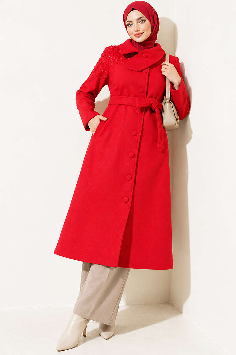 Belted Felt Coat with Pearl Detail - Red