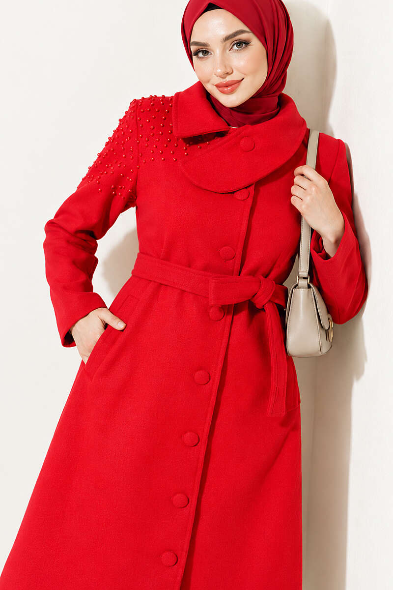 Belted Felt Coat with Pearl Detail - Red