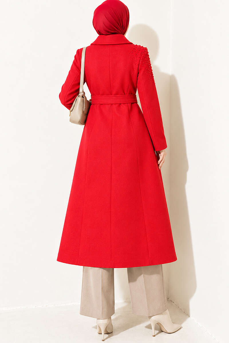 Belted Felt Coat with Pearl Detail - Red