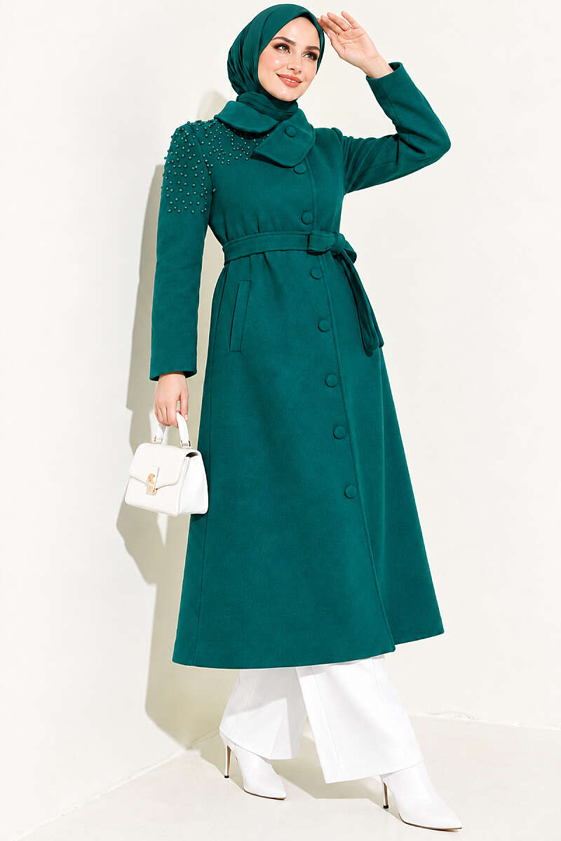 Belted Felt Coat with Pearl Detail - Emerald