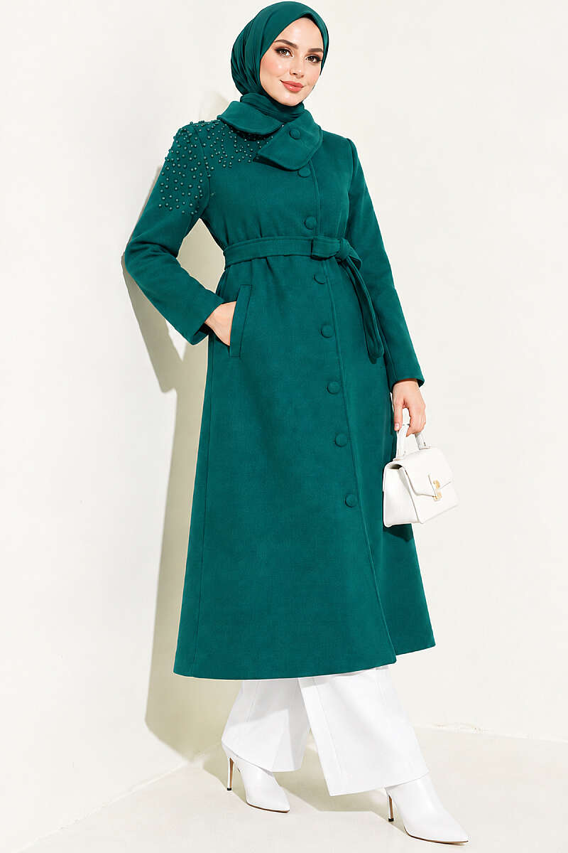 Belted Felt Coat with Pearl Detail - Emerald