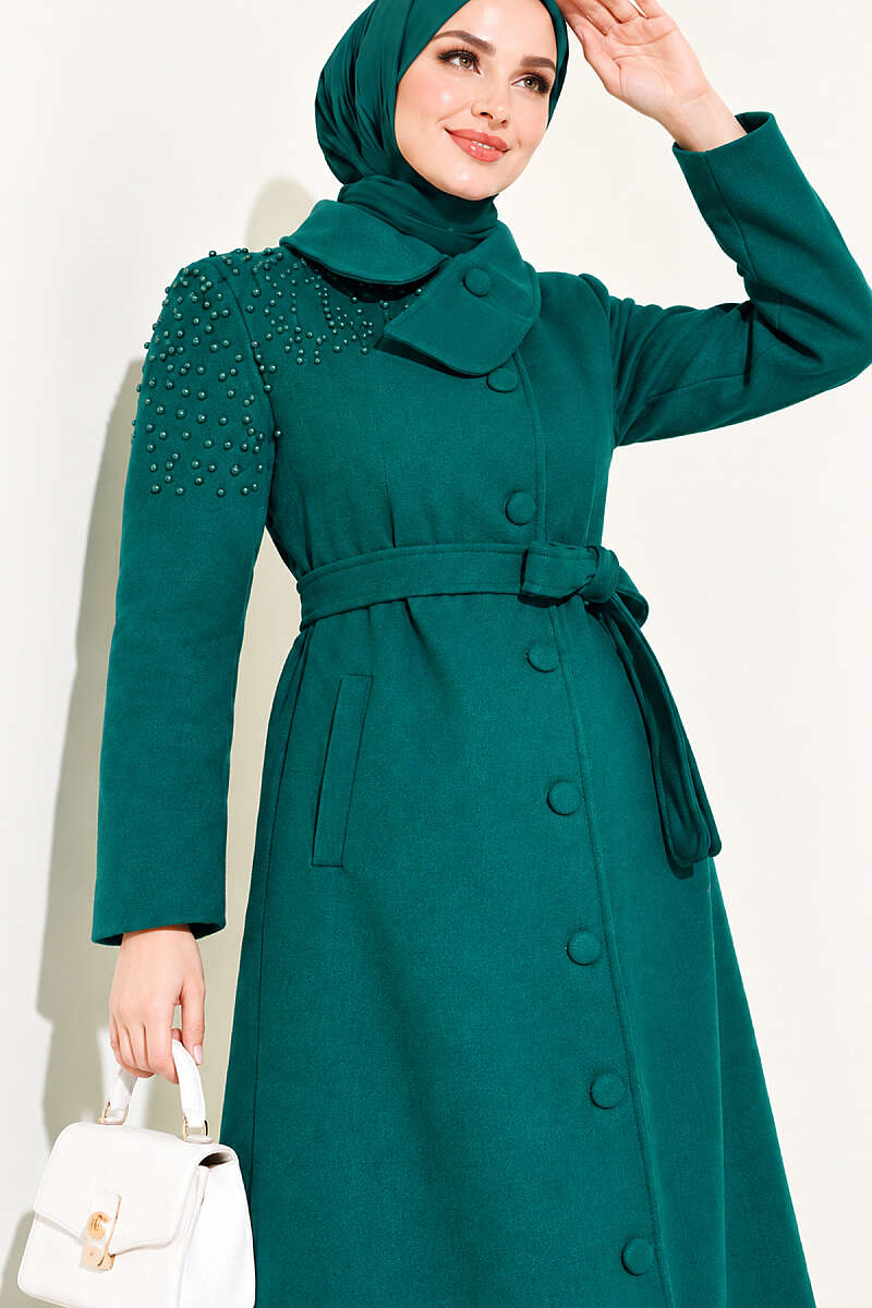 Belted Felt Coat with Pearl Detail - Emerald