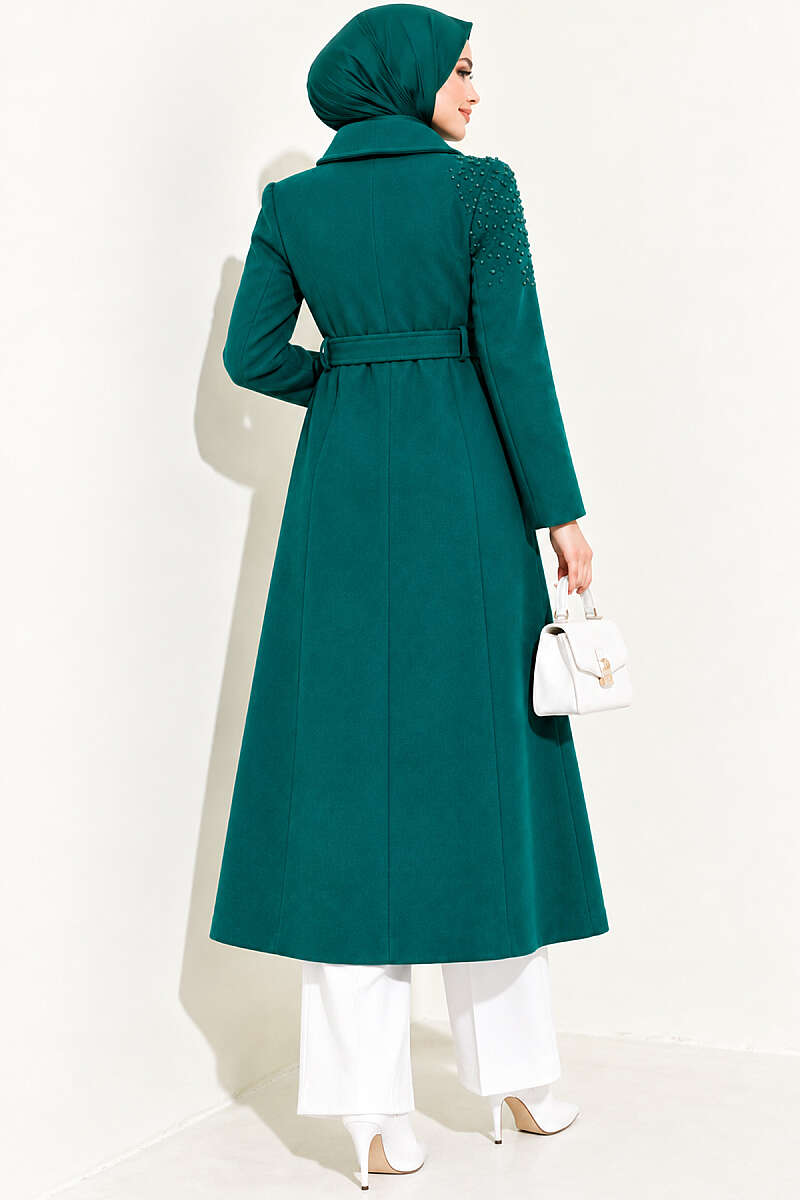 Belted Felt Coat with Pearl Detail - Emerald