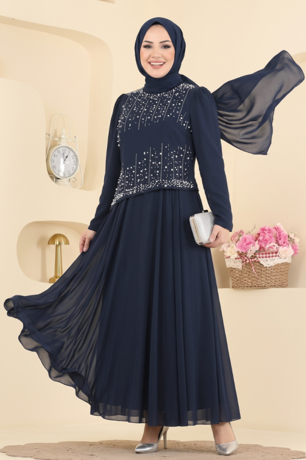 Elegant Pearl-Detail Evening Dress - Navy