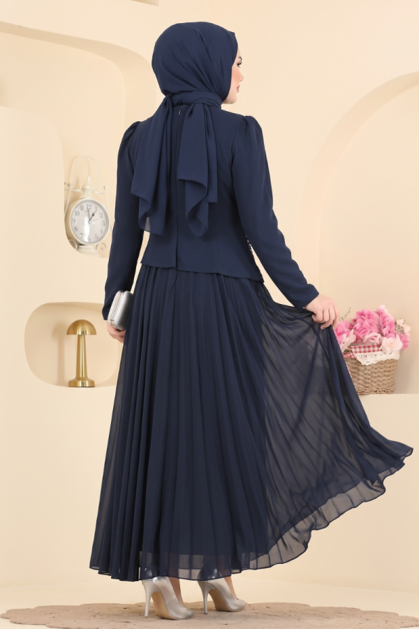 Elegant Pearl-Detail Evening Dress - Navy