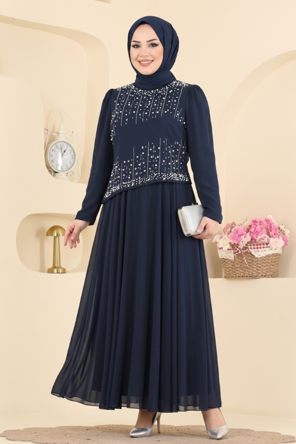 Elegant Pearl-Detail Evening Dress - Navy