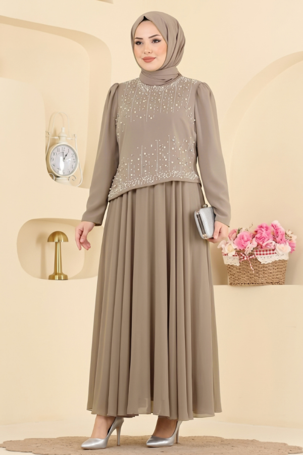 Elegant Pearl-Detail Evening Dress - Mink