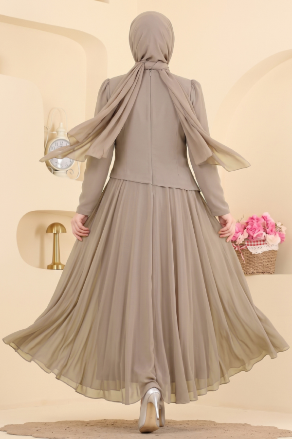 Elegant Pearl-Detail Evening Dress - Mink