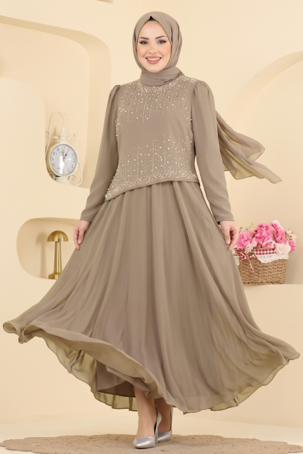 Elegant Pearl-Detail Evening Dress - Mink
