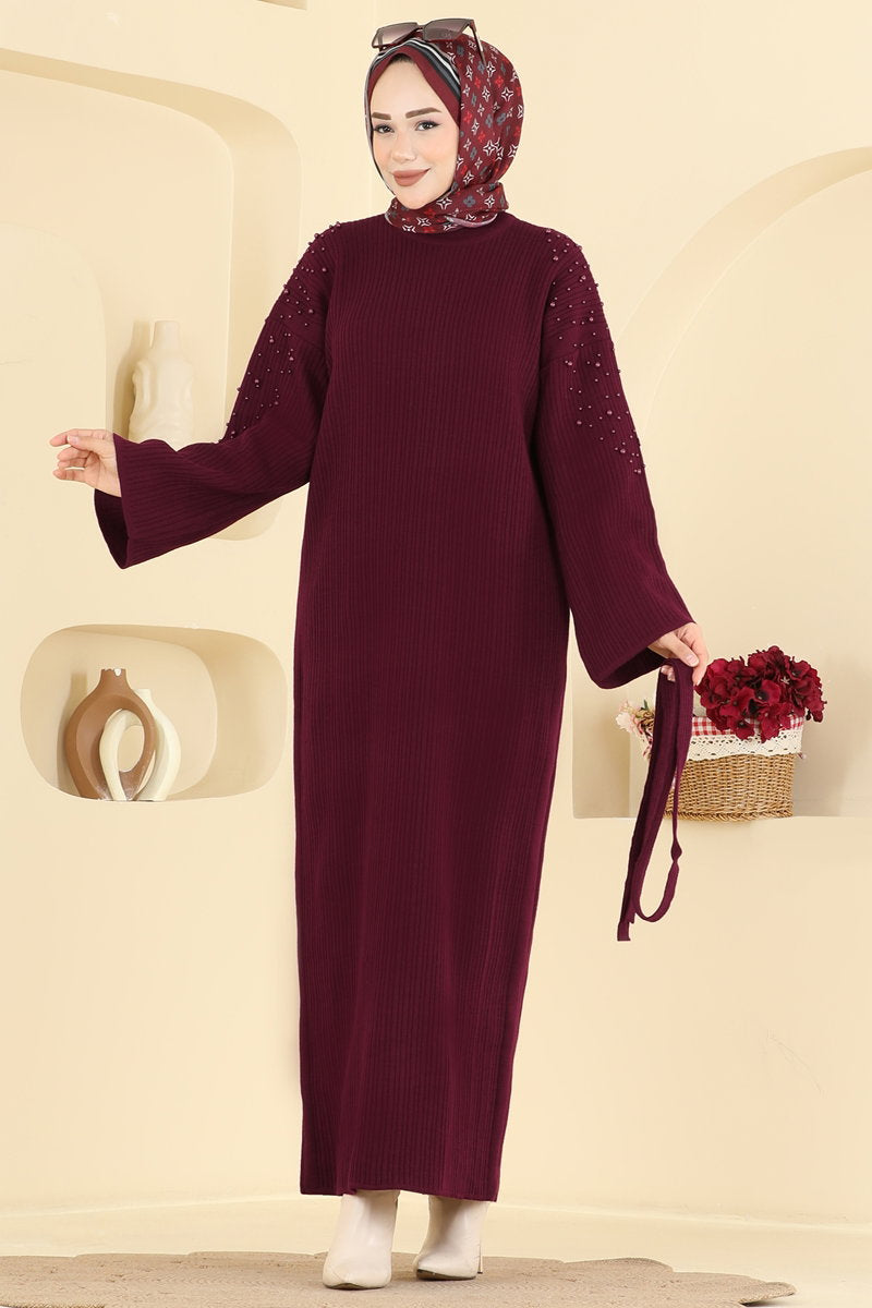 Pearl-Detail Knit Dress - Burgundy