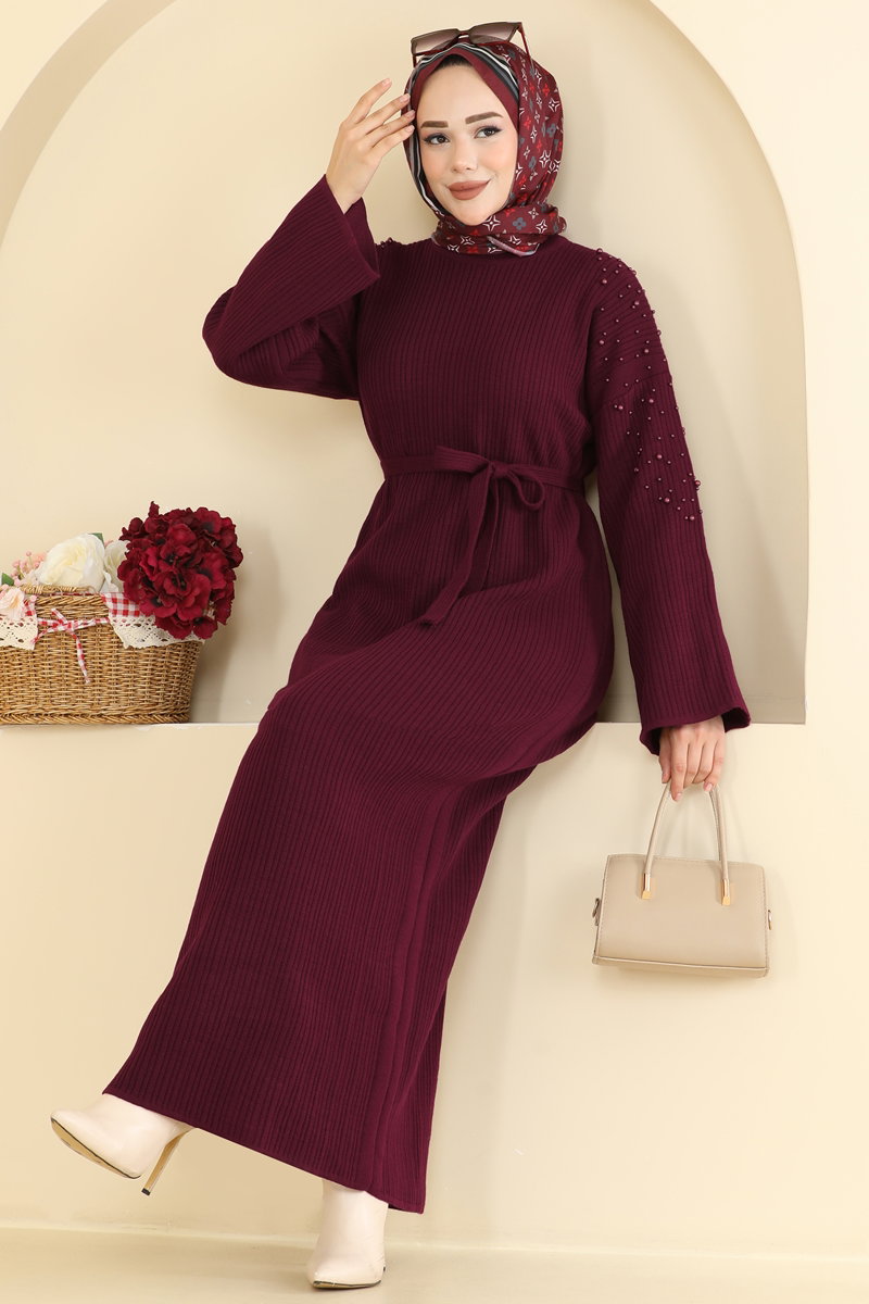 Pearl-Detail Knit Dress - Burgundy