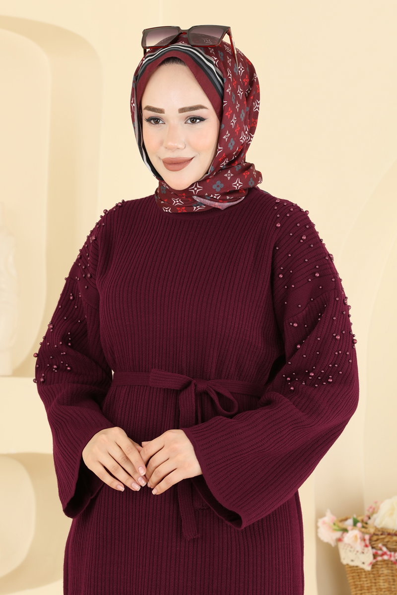 Pearl-Detail Knit Dress - Burgundy