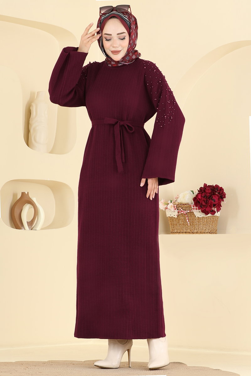 Pearl-Detail Knit Dress - Burgundy