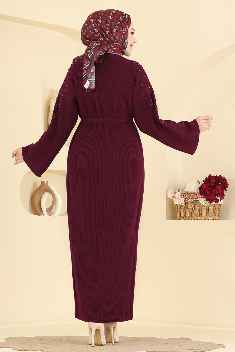 Pearl-Detail Knit Dress - Burgundy