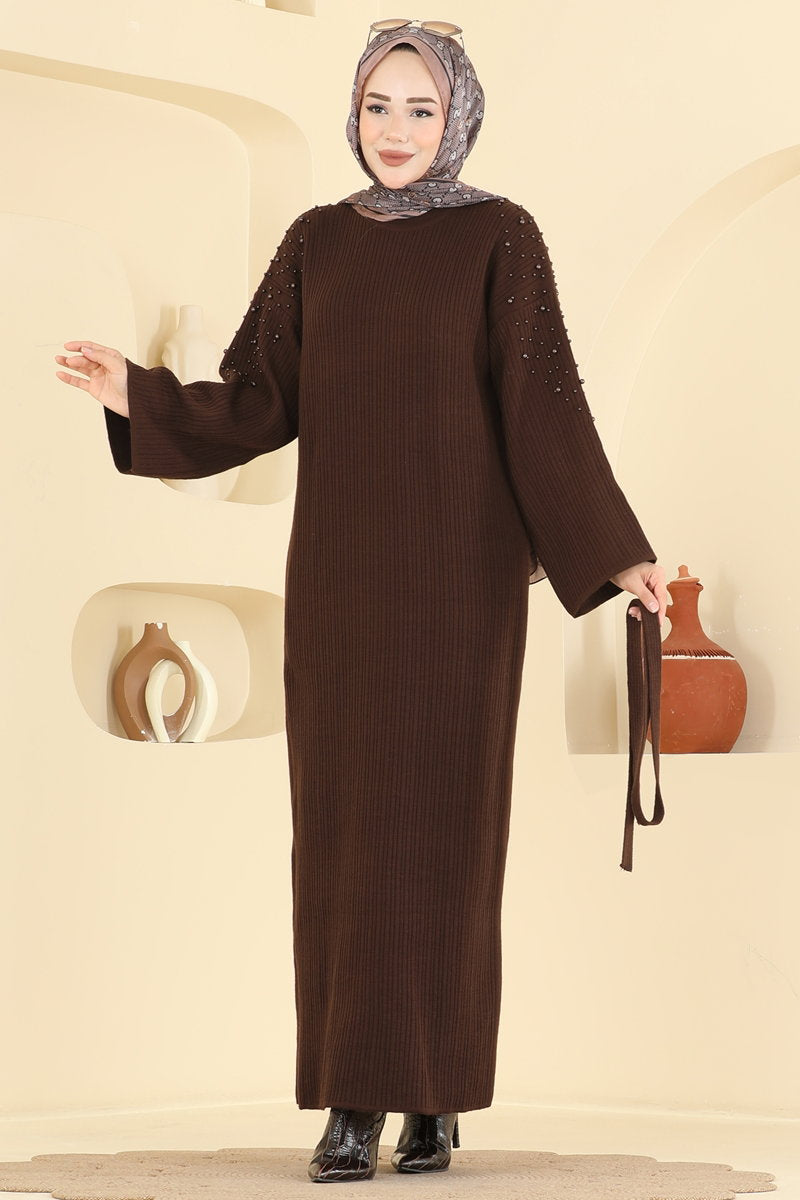 Pearl-Detail Knit Dress - Brown