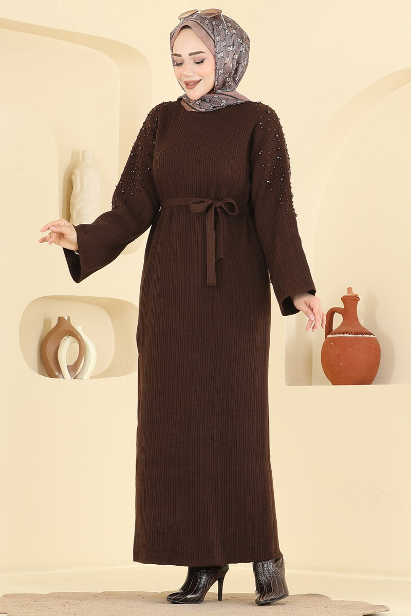 Pearl-Detail Knit Dress - Brown