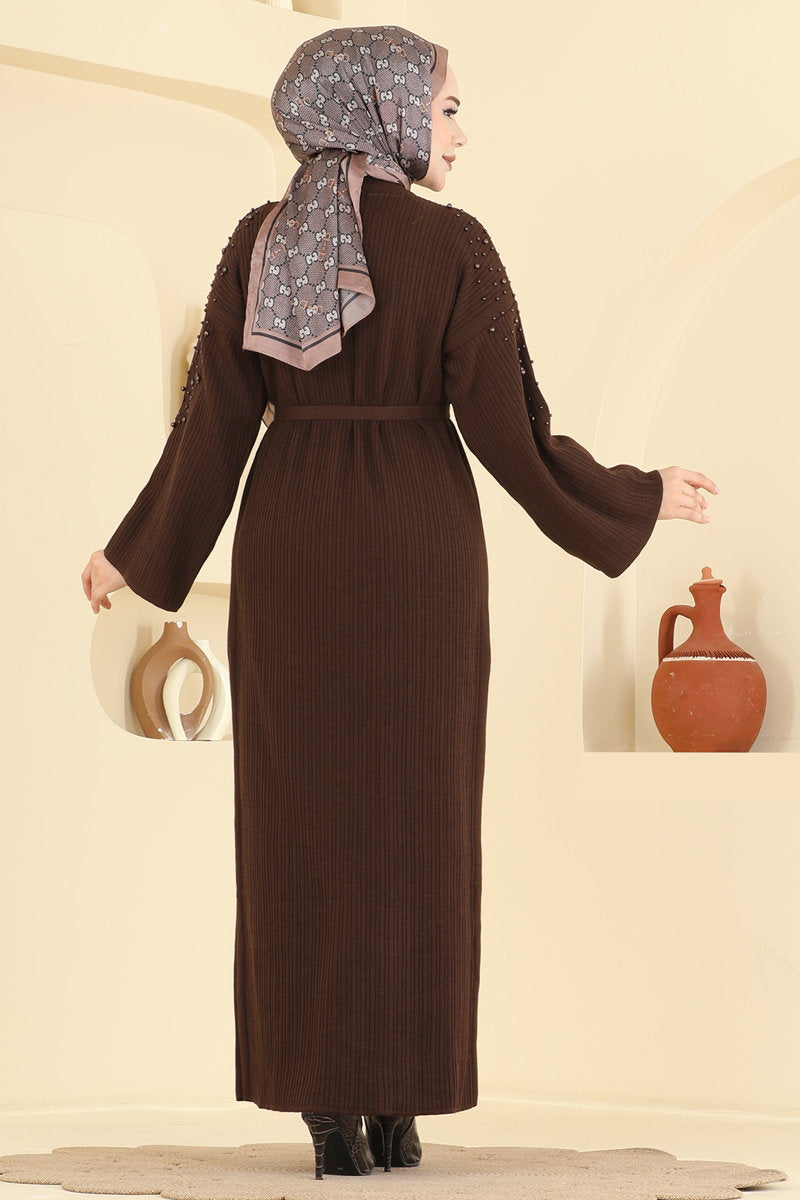 Pearl-Detail Knit Dress - Brown