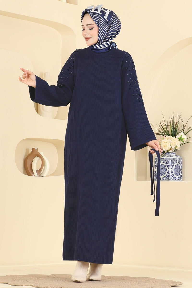 Pearl-Detail Knit Dress - Navy