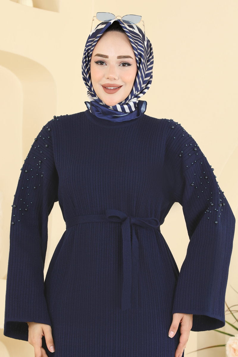 Pearl-Detail Knit Dress - Navy