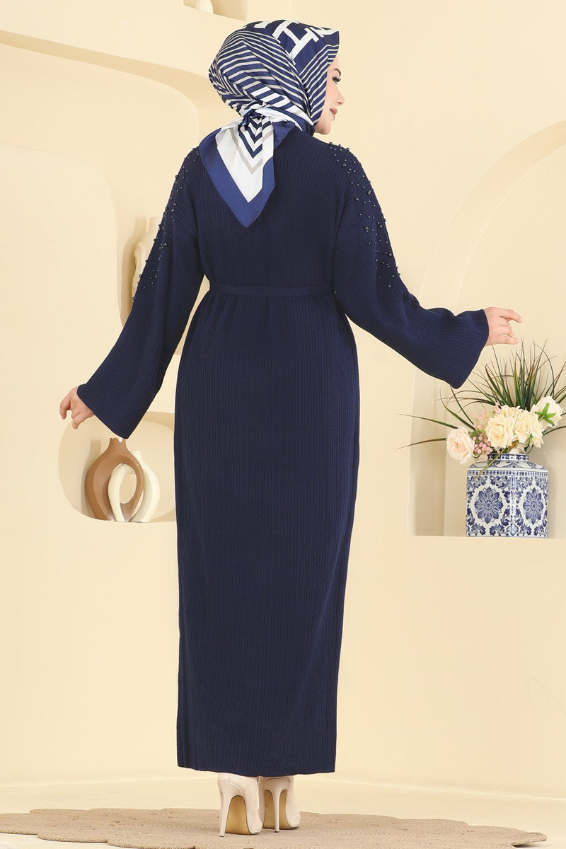 Pearl-Detail Knit Dress - Navy