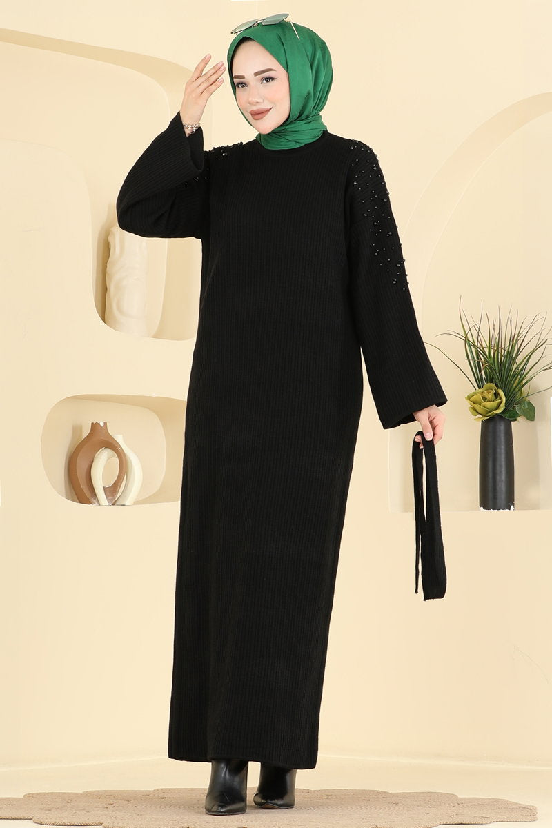 Pearl-Detail Knit Dress - Black