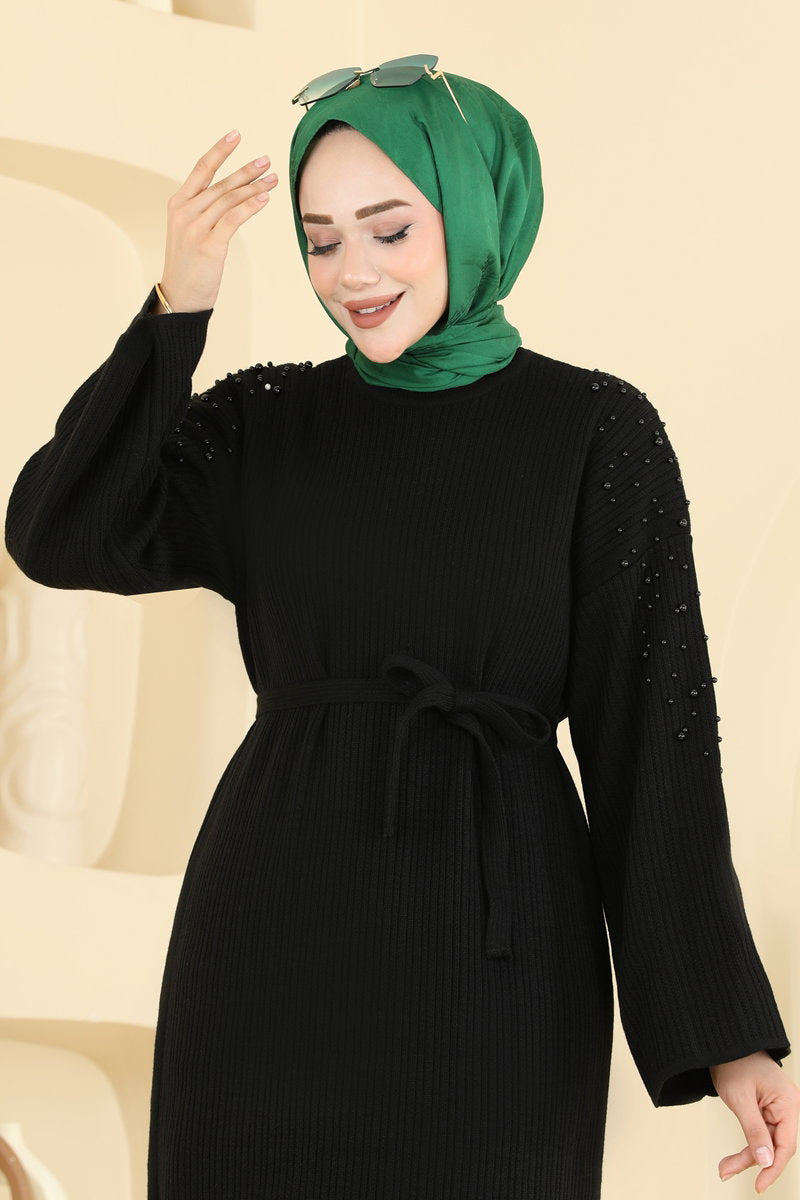 Pearl-Detail Knit Dress - Black