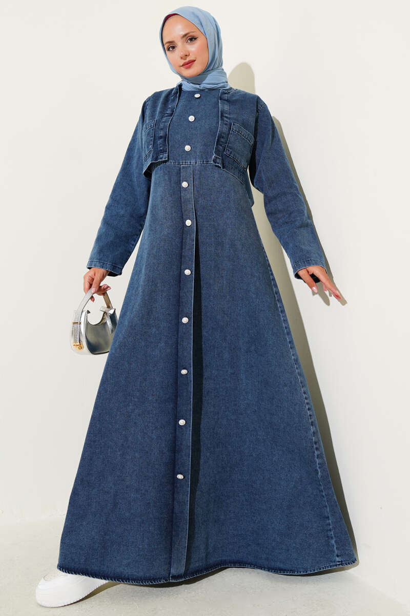 Denim Pinafore Two-Piece Set with Pearl Buttons - Dark Blue