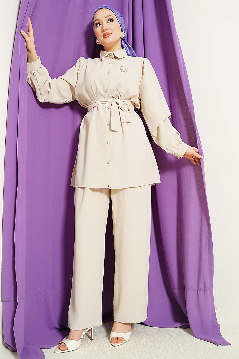 Belted Two-Piece Set with Pearl Buttons - Beige