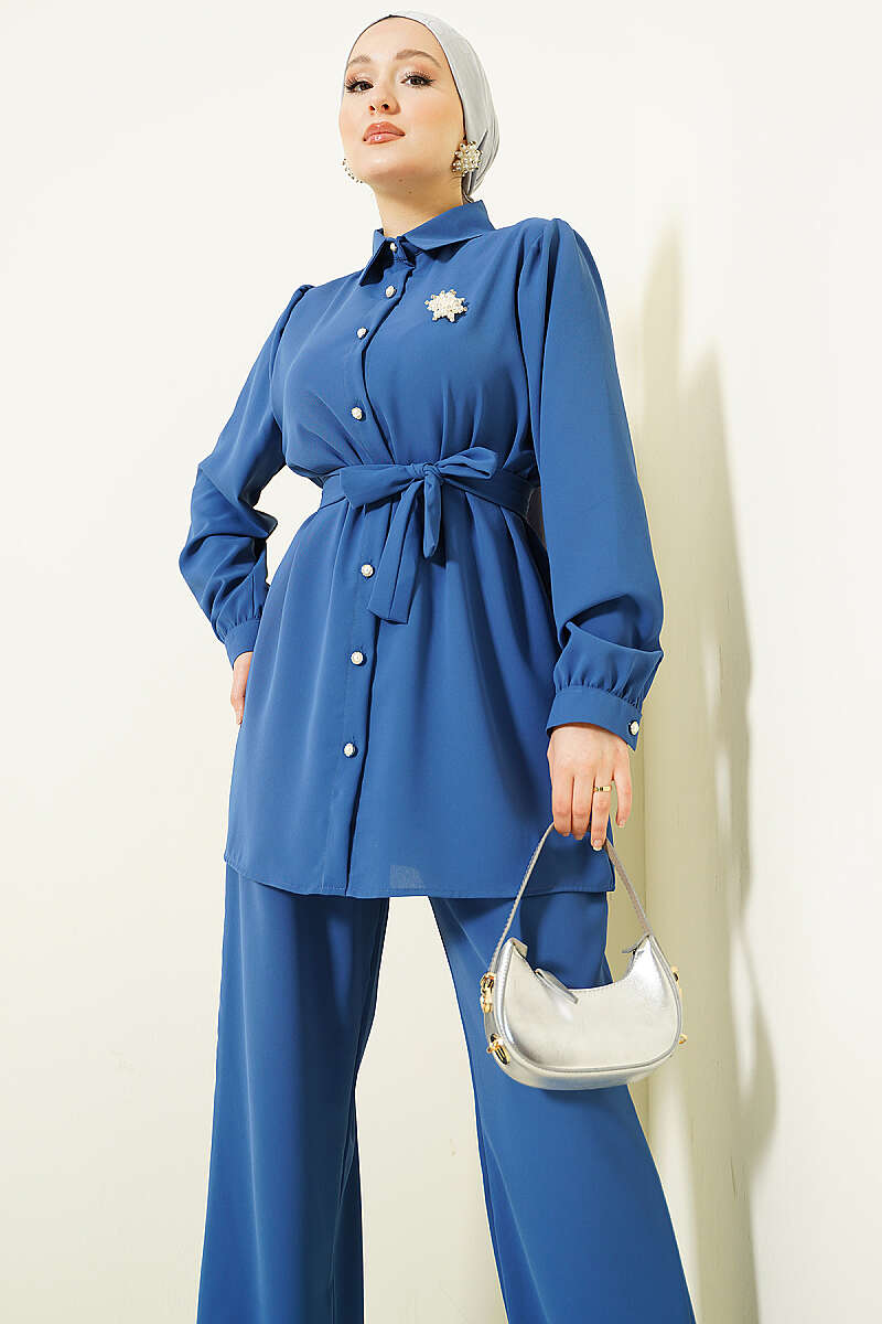 Belted Two-Piece Set with Pearl Buttons - Indigo