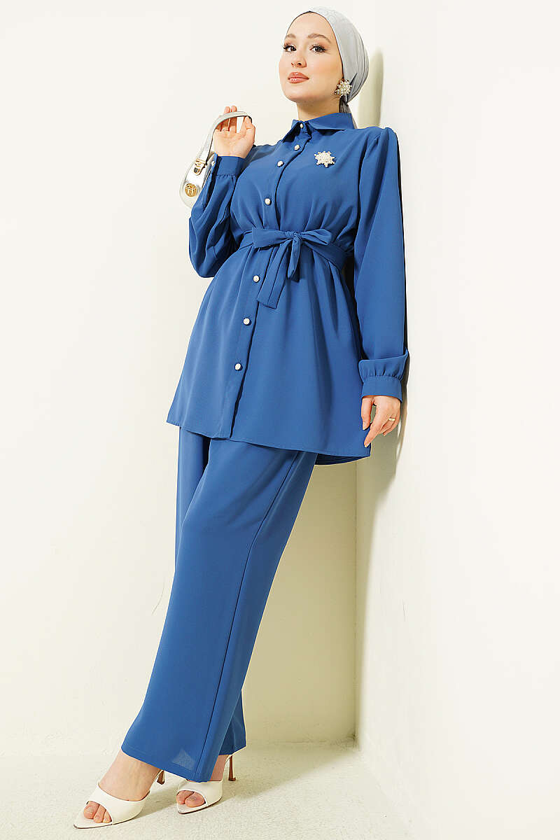 Belted Two-Piece Set with Pearl Buttons - Indigo