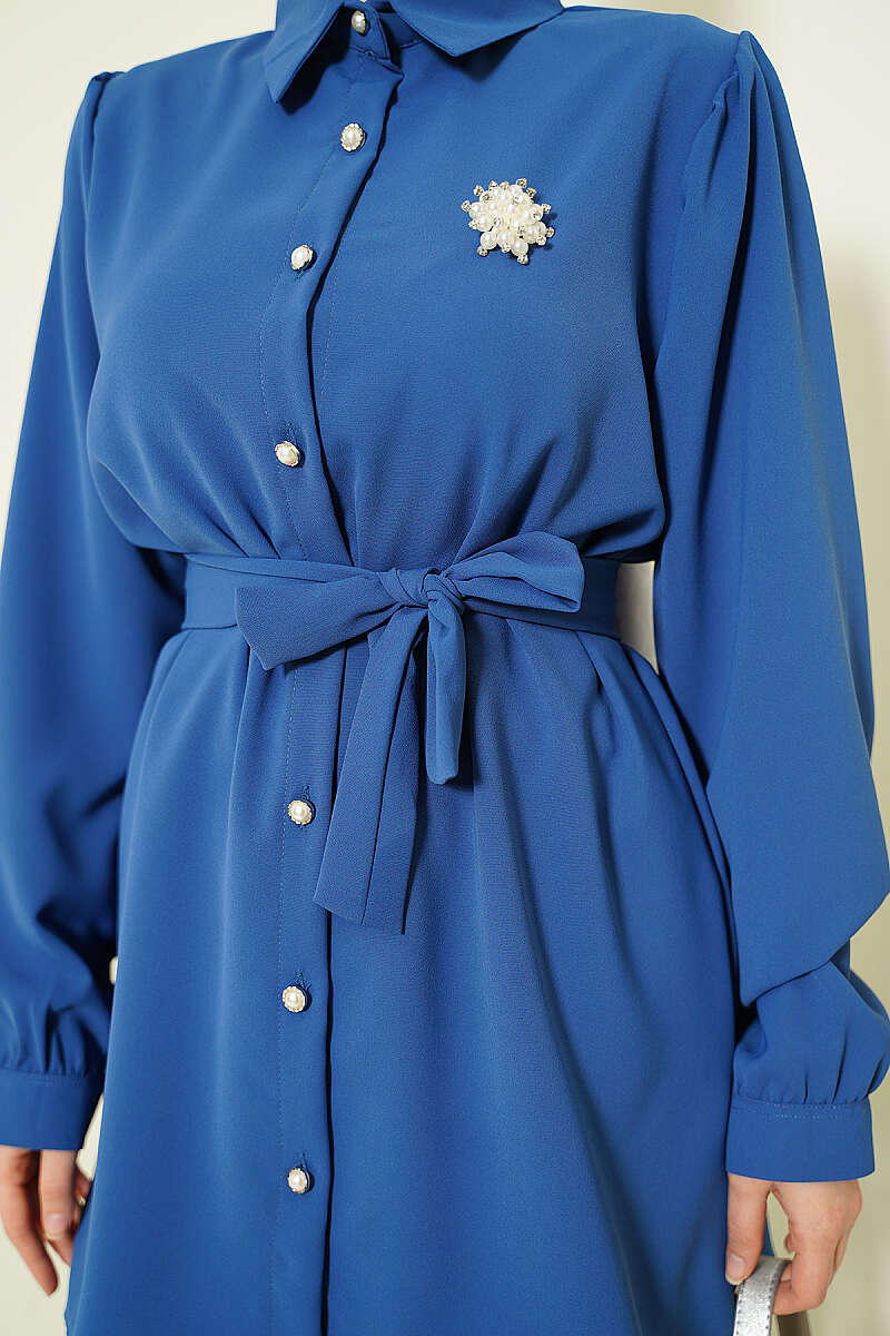 Belted Two-Piece Set with Pearl Buttons - Indigo