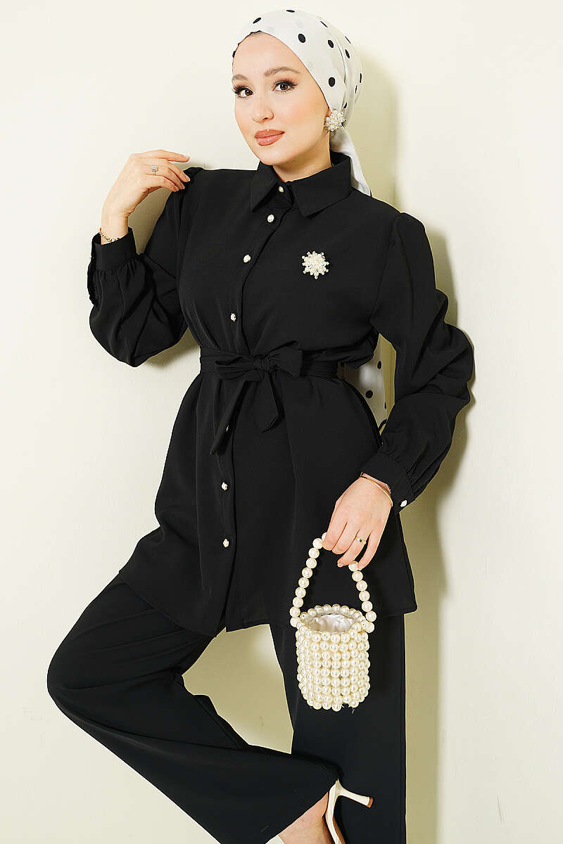 Belted Two-Piece Set with Pearl Buttons - Black