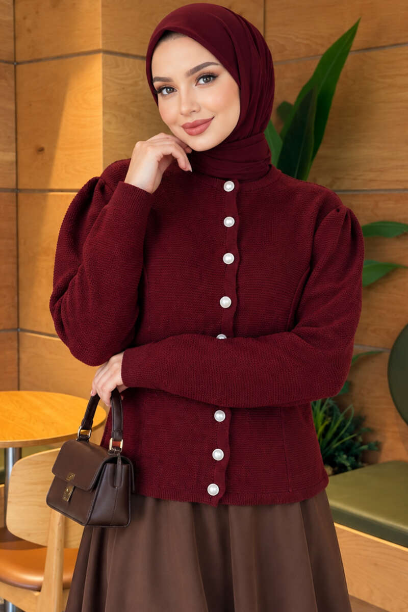 Knit Cardigan with Pearl Buttons - Burgundy
