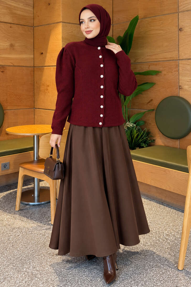 Knit Cardigan with Pearl Buttons - Burgundy