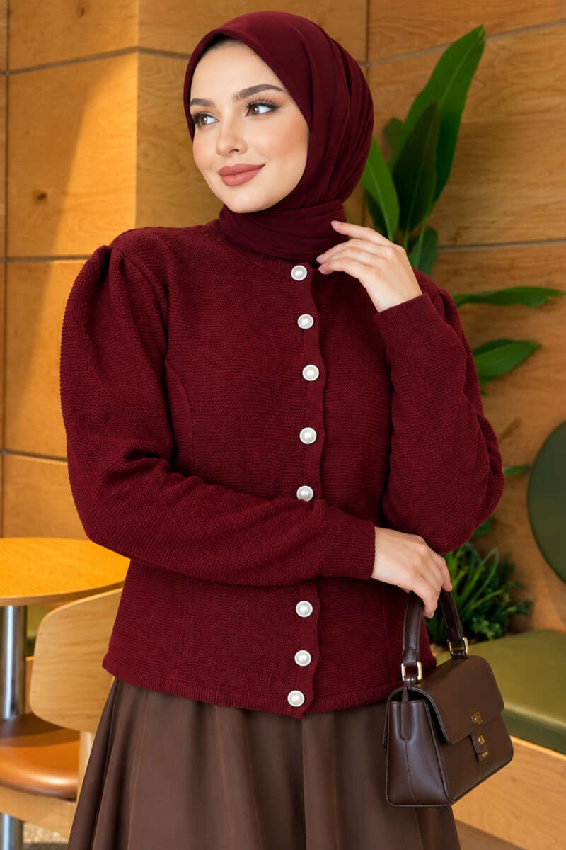 Knit Cardigan with Pearl Buttons - Burgundy