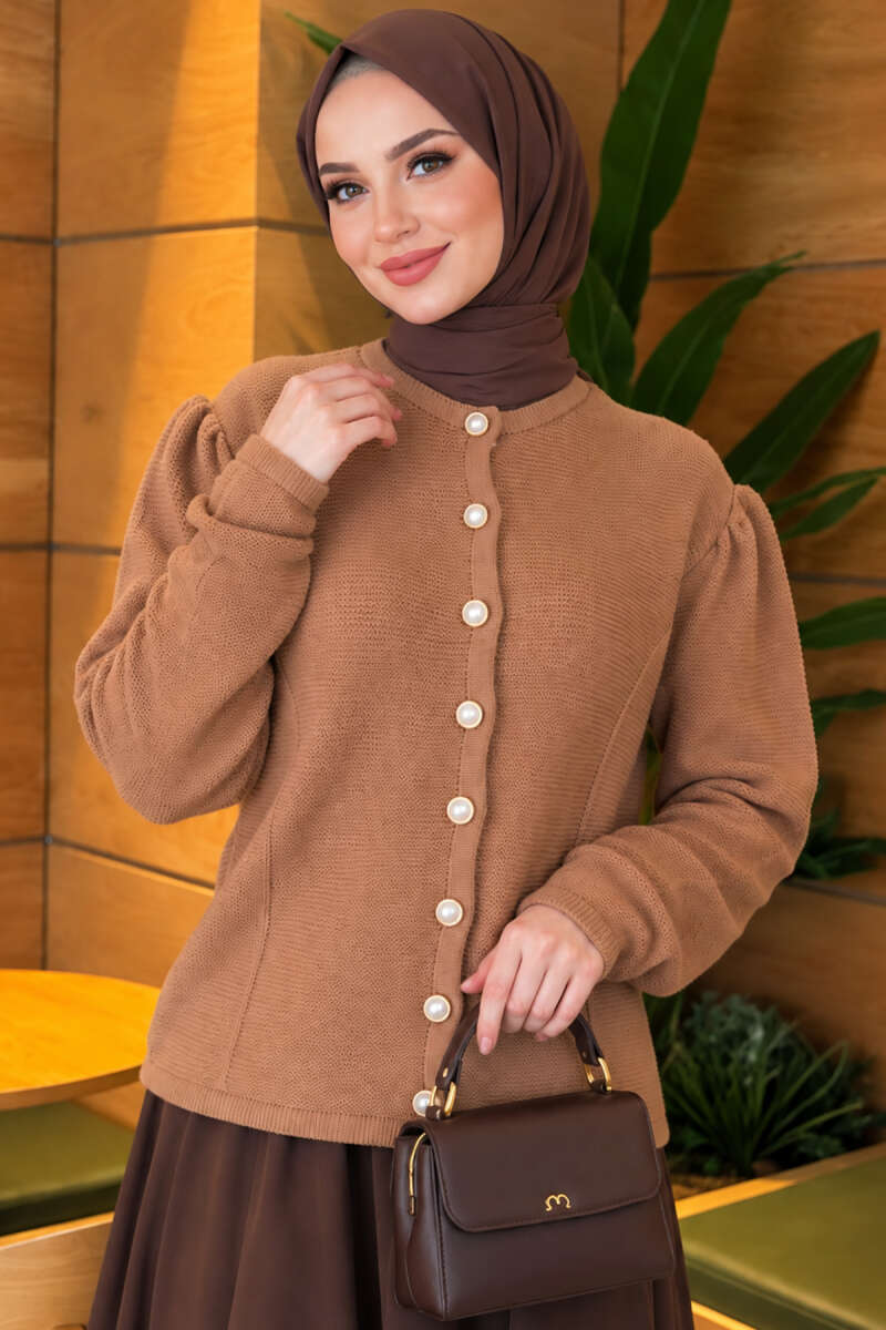 Knit Cardigan with Pearl Buttons - Camel
