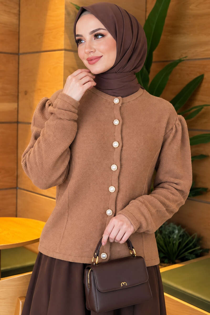 Knit Cardigan with Pearl Buttons - Camel