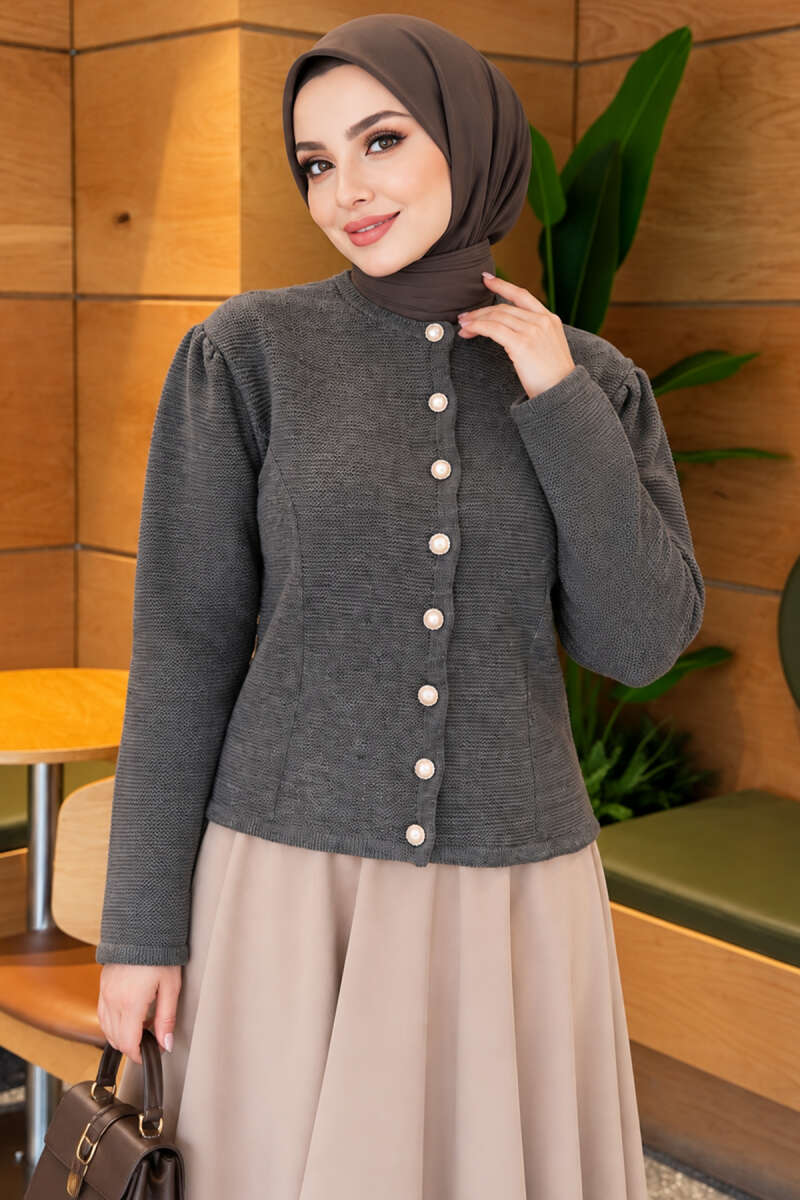 Knit Cardigan with Pearl Buttons - Smoke Grey
