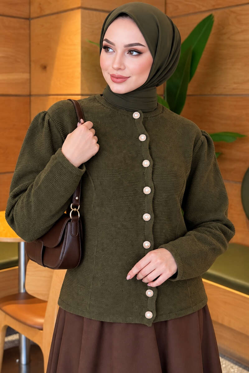 Knit Cardigan with Pearl Buttons - Khaki