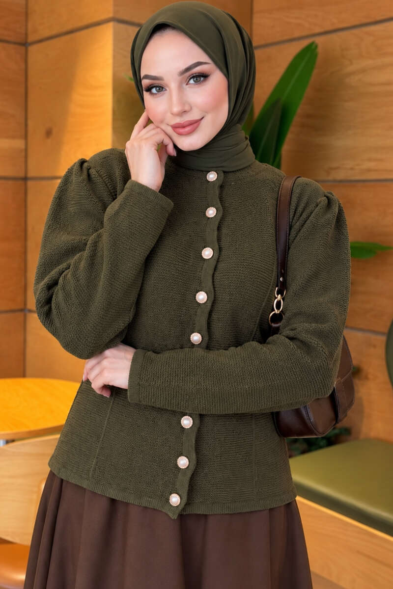 Knit Cardigan with Pearl Buttons - Khaki