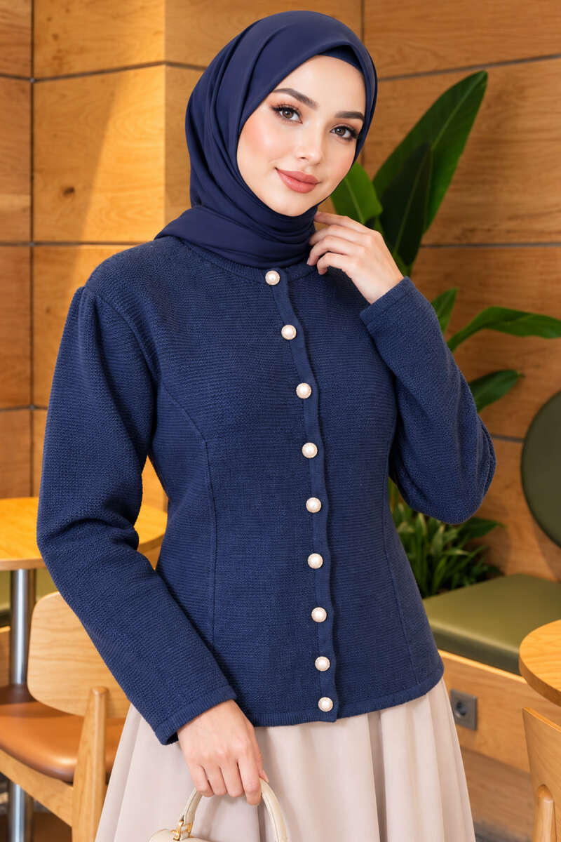 Knit Cardigan with Pearl Buttons - Indigo