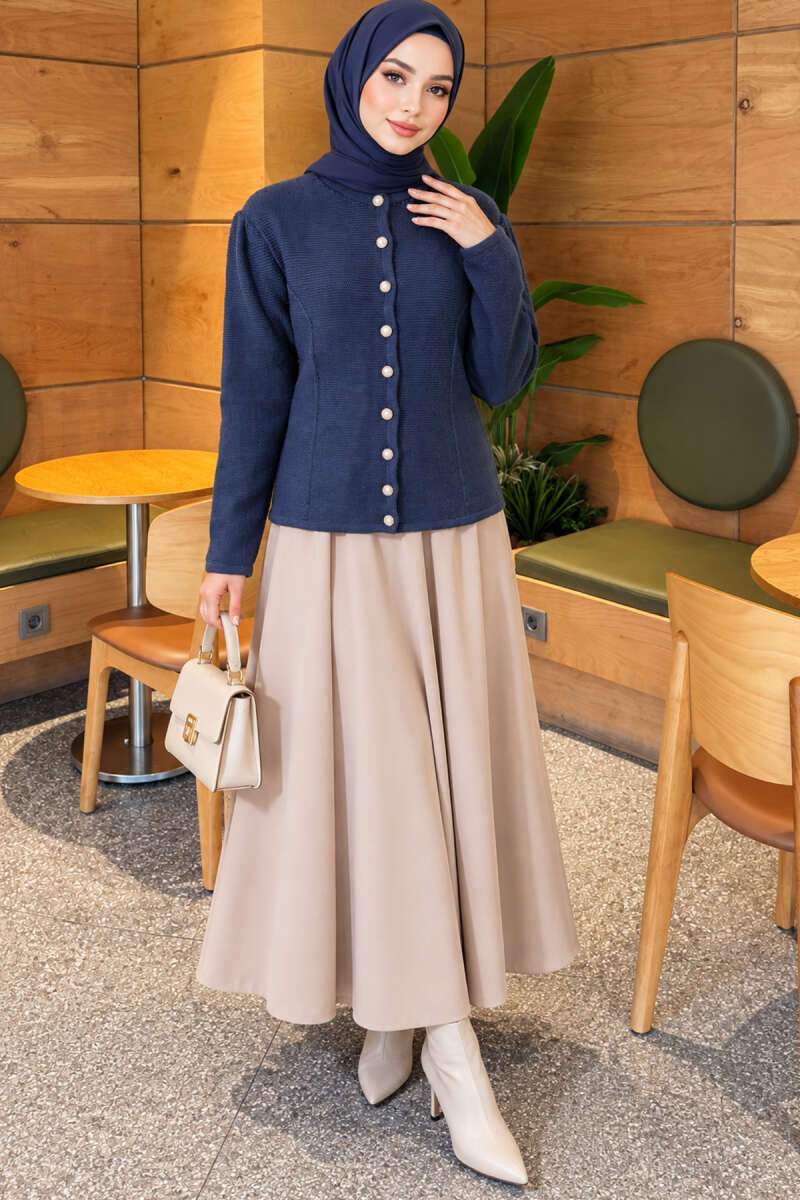 Knit Cardigan with Pearl Buttons - Indigo