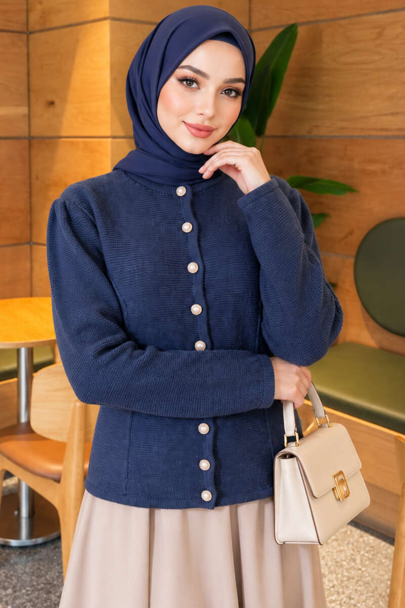 Knit Cardigan with Pearl Buttons - Indigo