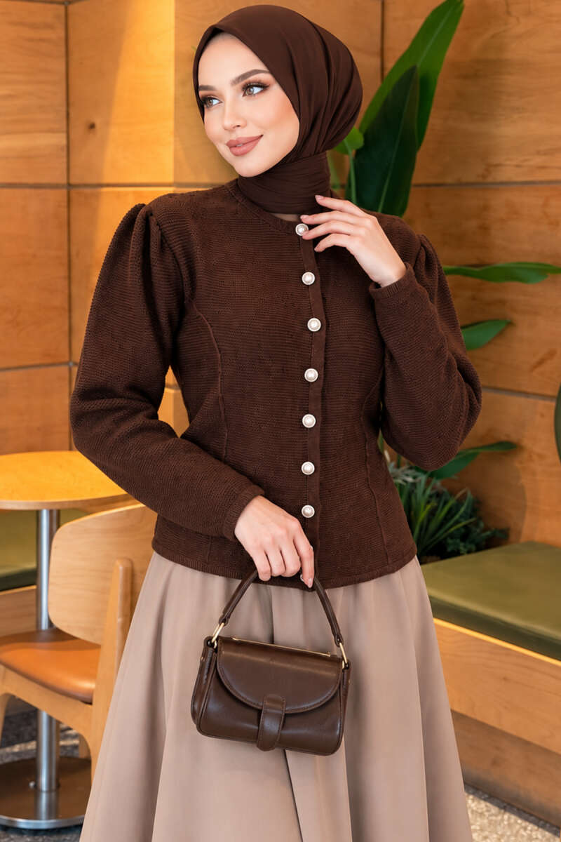Knit Cardigan with Pearl Buttons - Brown