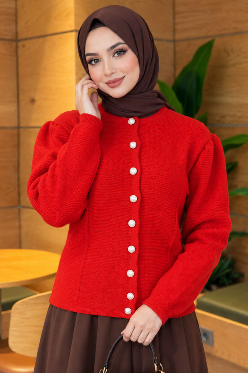 Knit Cardigan with Pearl Buttons - Red