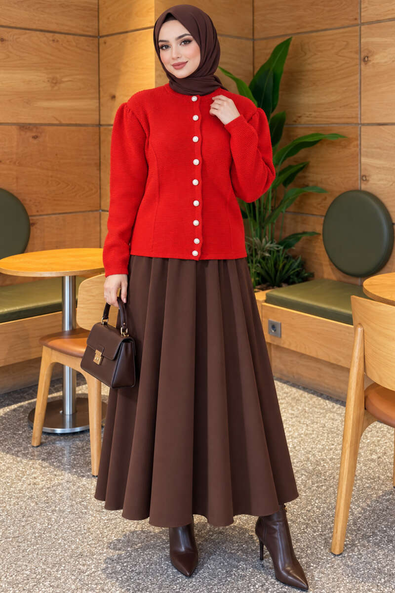 Knit Cardigan with Pearl Buttons - Red