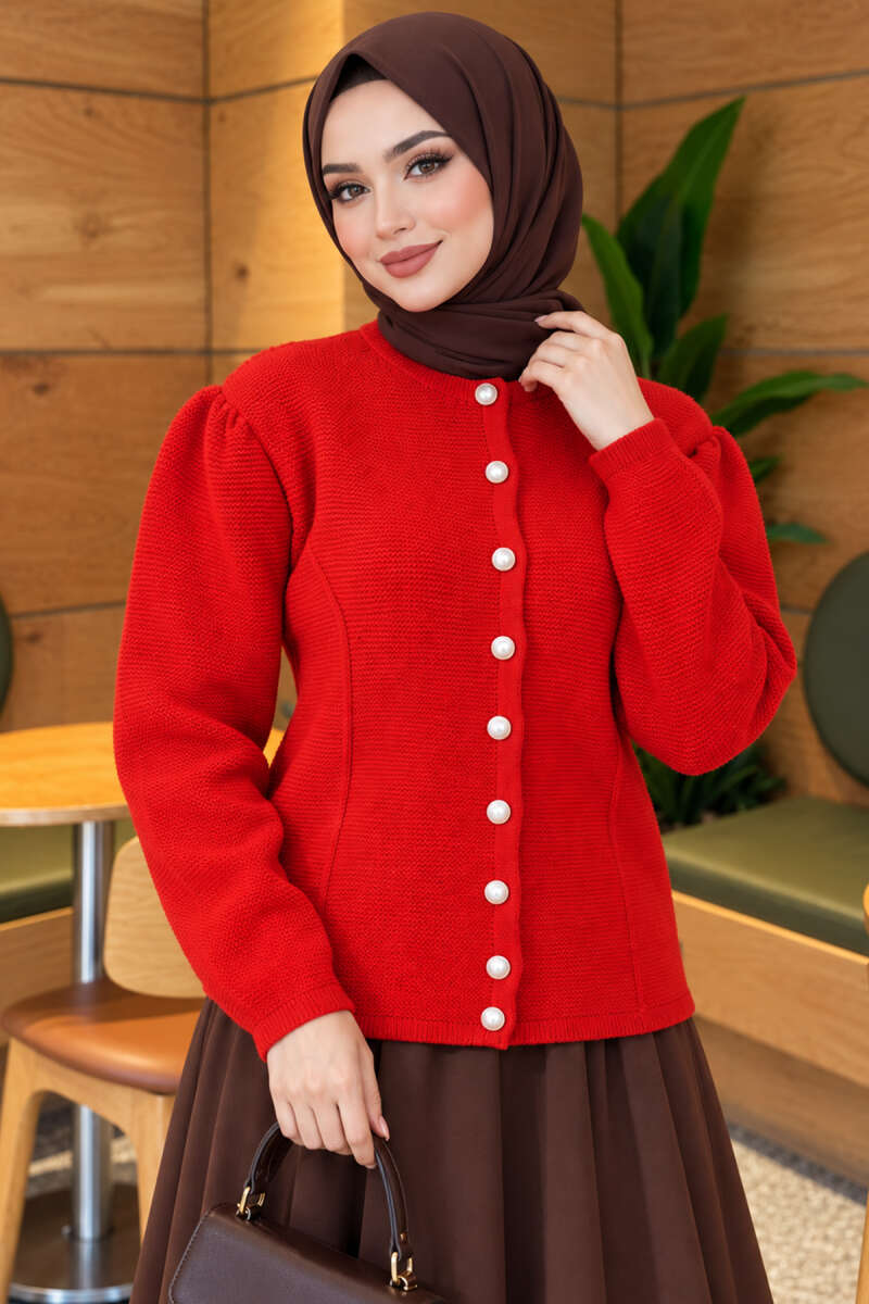 Knit Cardigan with Pearl Buttons - Red