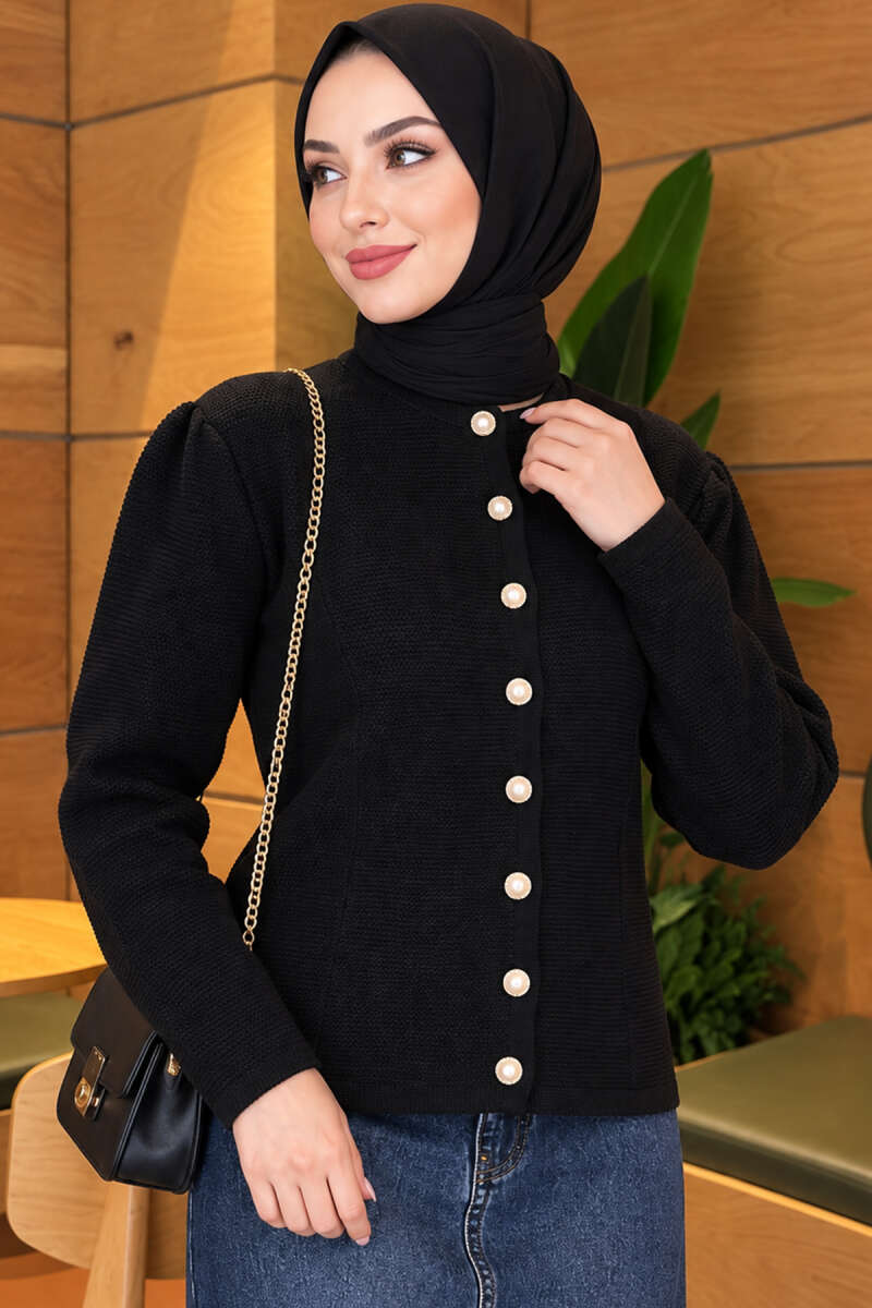 Knit Cardigan with Pearl Buttons - Black
